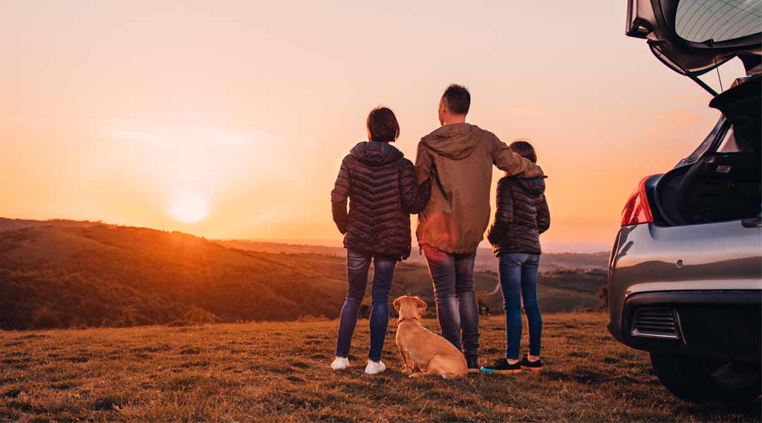 Family in wheat field at sunset